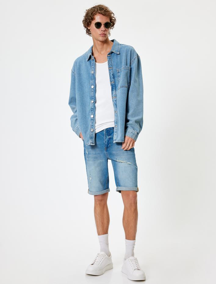  Slim Fit Kot Şort Bermuda Katlama Paçalı Düğme Detaylı