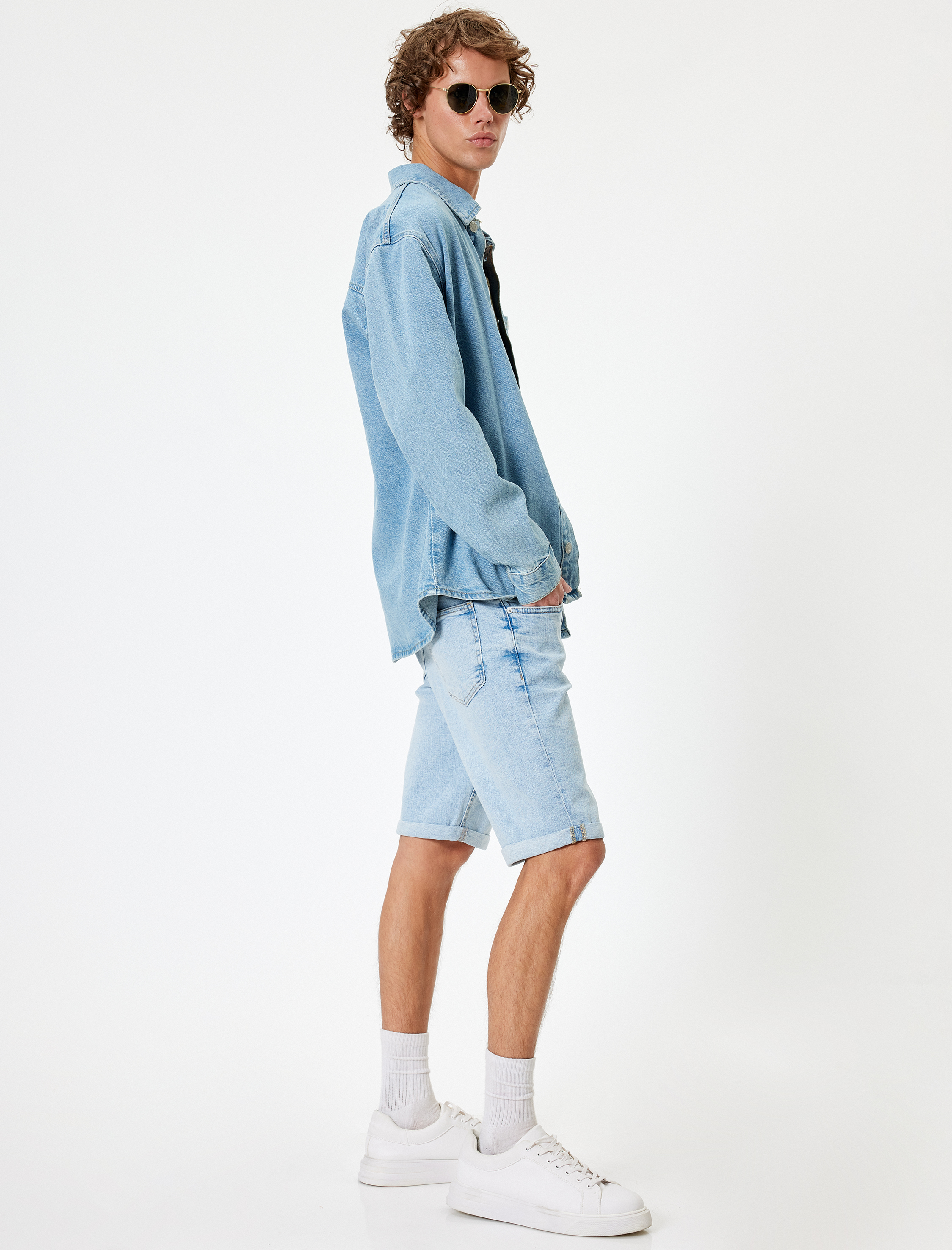   Slim Fit Kot Şort Bermuda Katlama Paçalı Düğme Detaylı