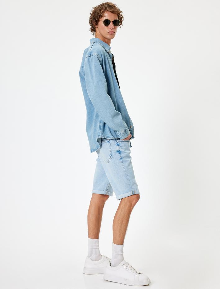  Slim Fit Kot Şort Bermuda Katlama Paçalı Düğme Detaylı