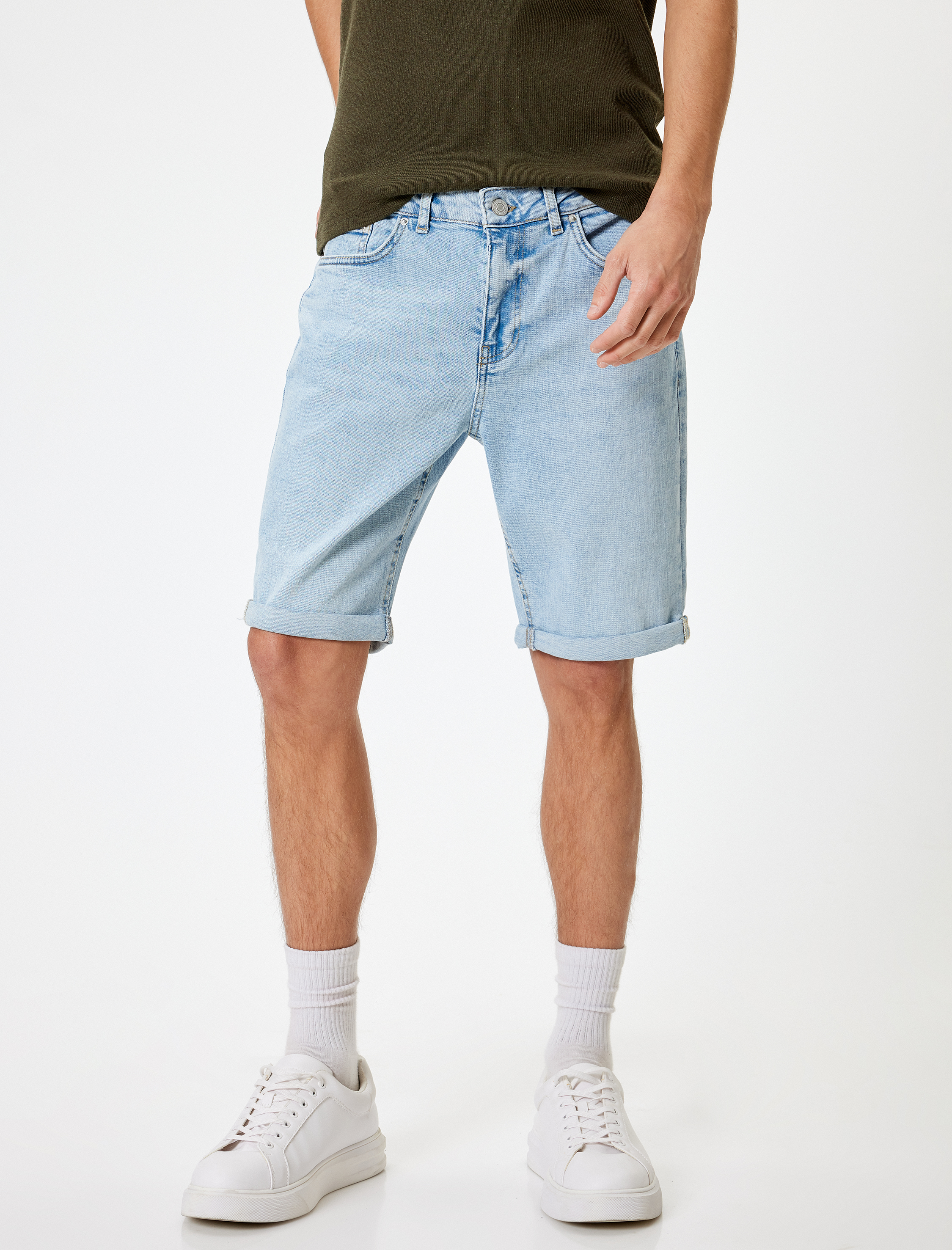   Slim Fit Kot Şort Bermuda Katlama Paçalı Düğme Detaylı