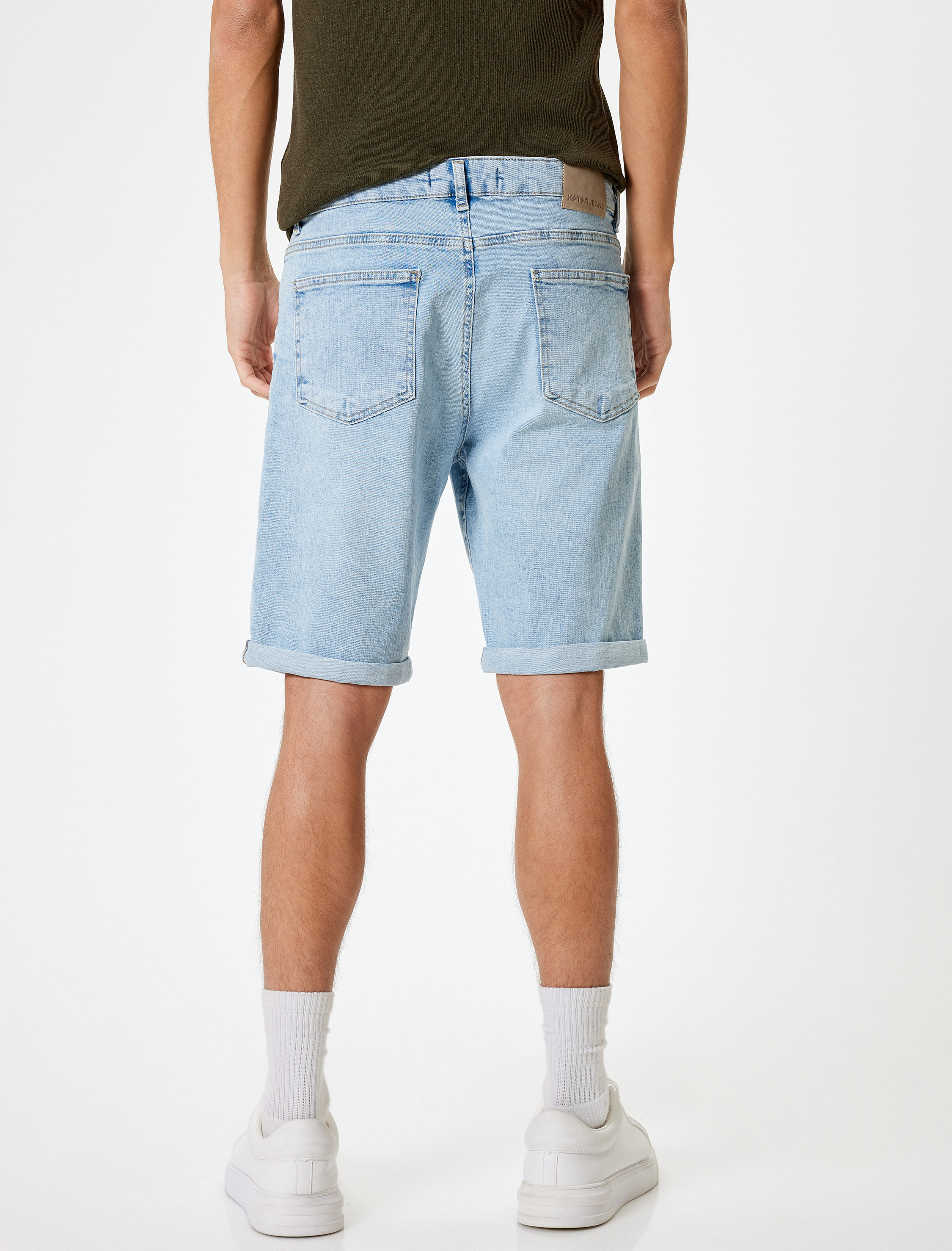   Slim Fit Kot Şort Bermuda Katlama Paçalı Düğme Detaylı