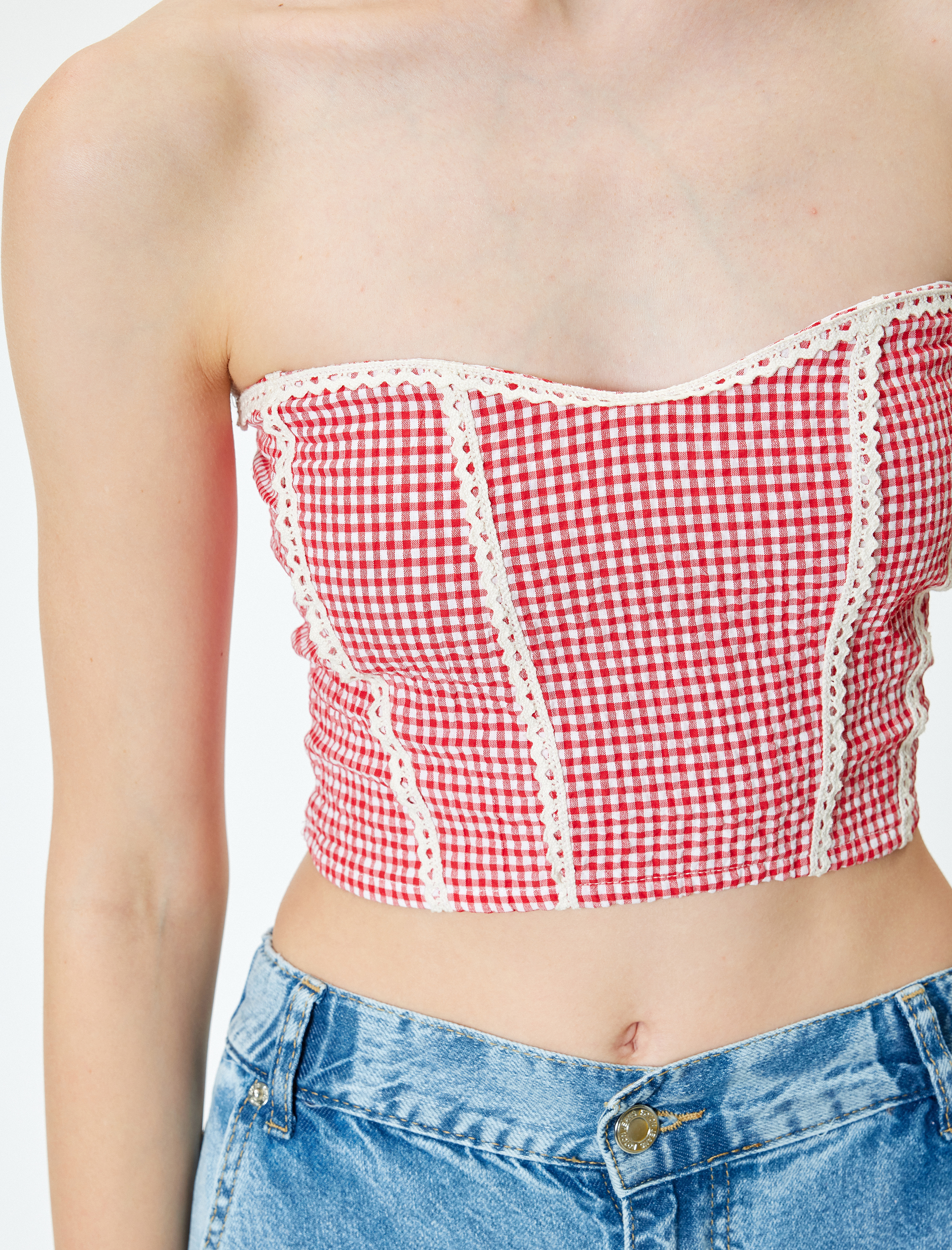   Straplez Büstiyer Pötikareli Crop Kolsuz Gipeli Dantel Detaylı Slim Fit