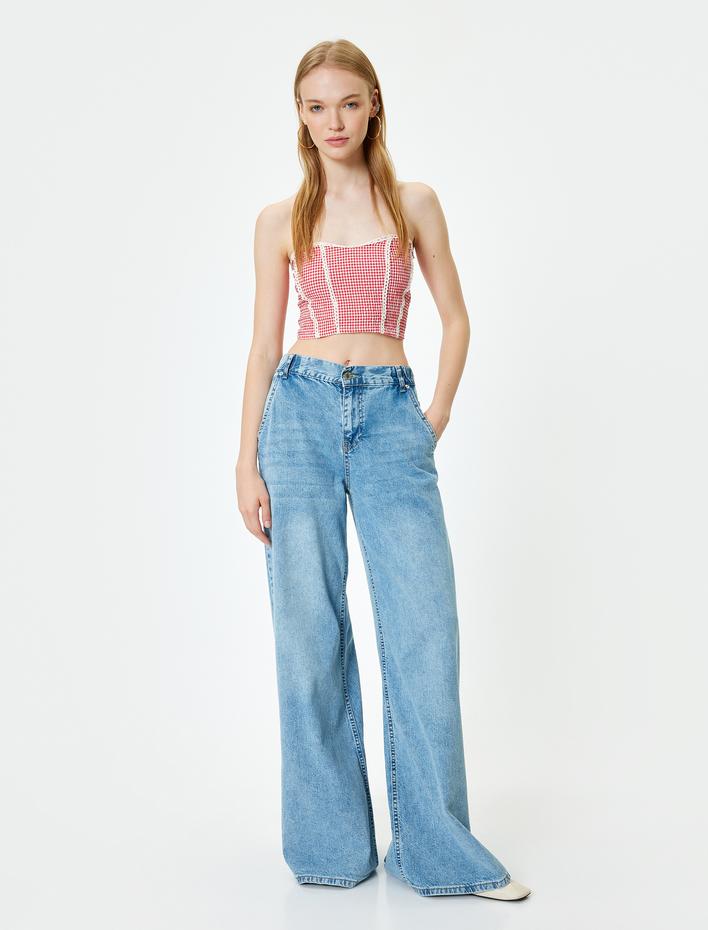  Straplez Büstiyer Pötikareli Crop Kolsuz Gipeli Dantel Detaylı Slim Fit