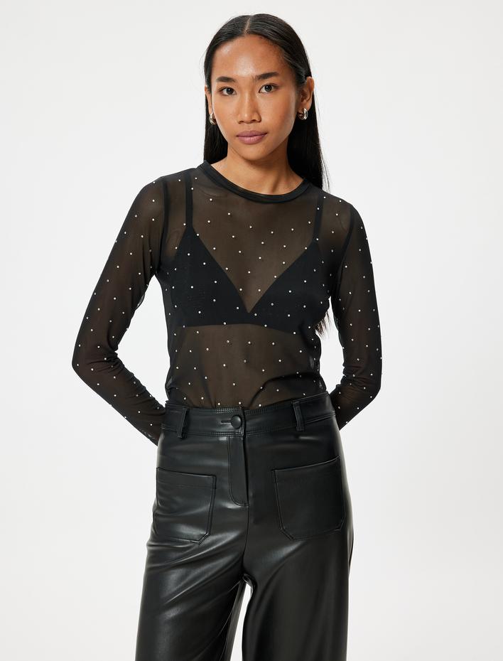  Transparan Taşlı Tişört Uzun Kollu Yuvarlak Yaka Slim Fit