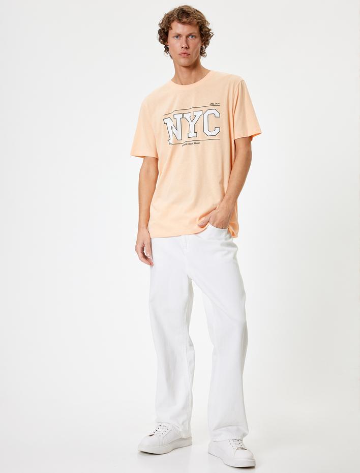  Kolej Baskılı Tişört Bisiklet Yaka Kısa Kollu Pamuklu