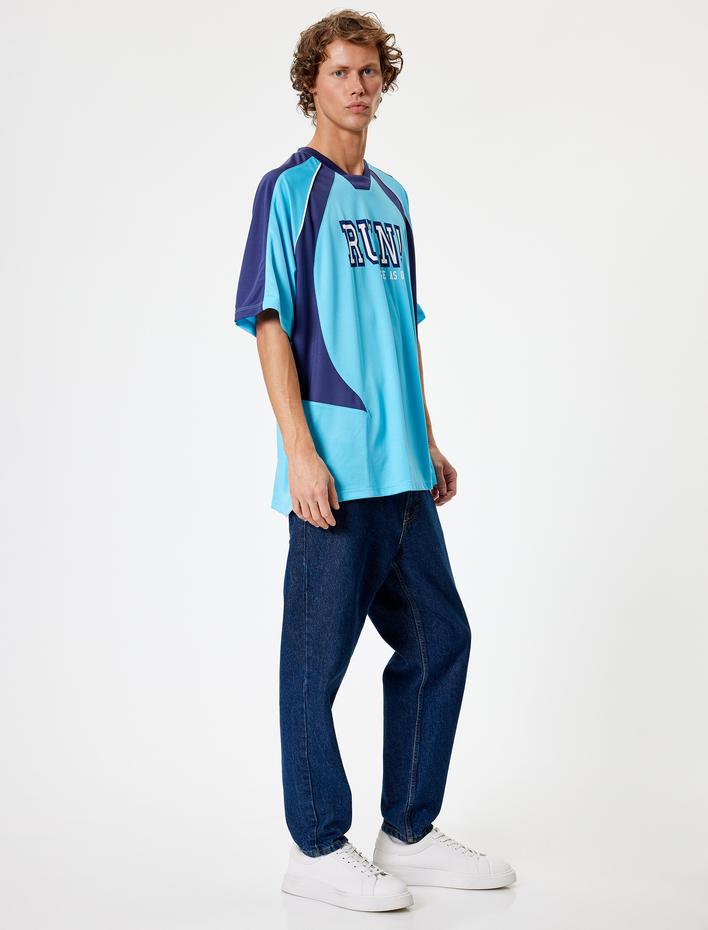  Oversize Kolej Tişört Slogan Baskılı Kısa Kollu