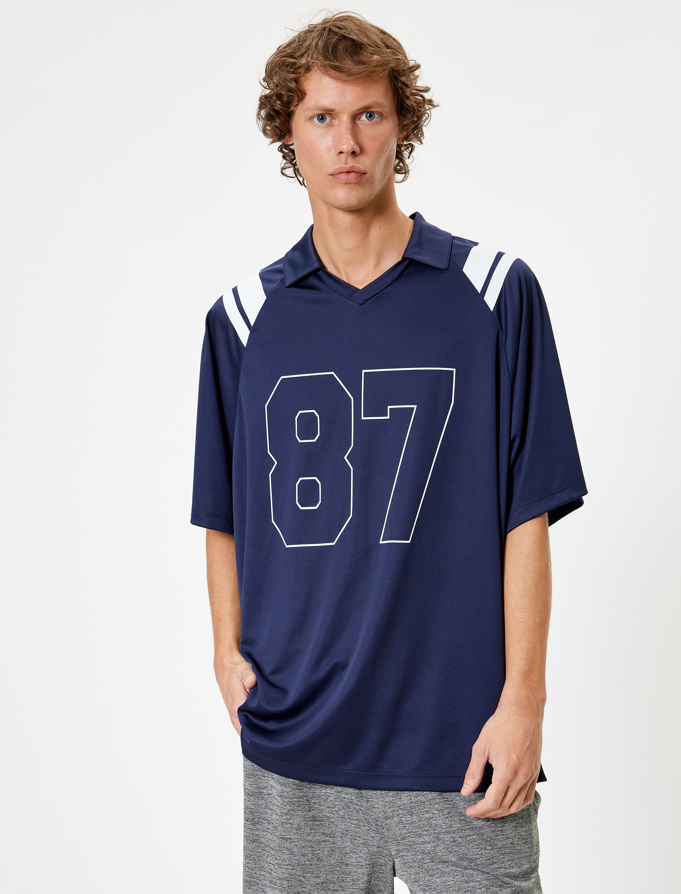   Oversize Spor Tişört Kolej Baskılı Polo Yaka Kısa Kollu