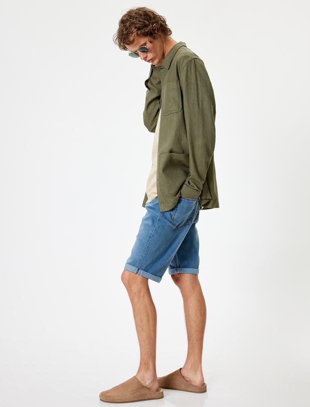 Slim Fit Kot Şort Bermuda Cep Detaylı Pamuklu_0