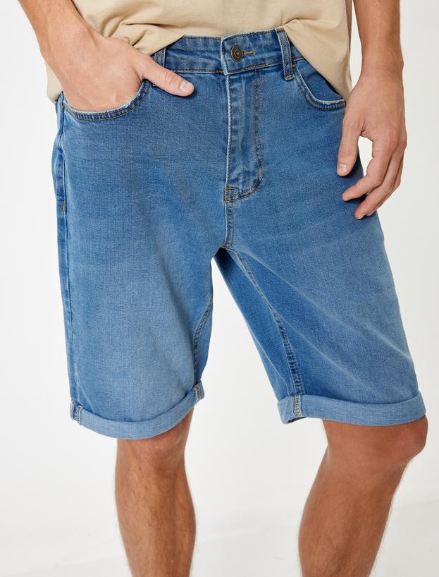 Slim Fit Kot Şort Bermuda Cep Detaylı Pamuklu_4