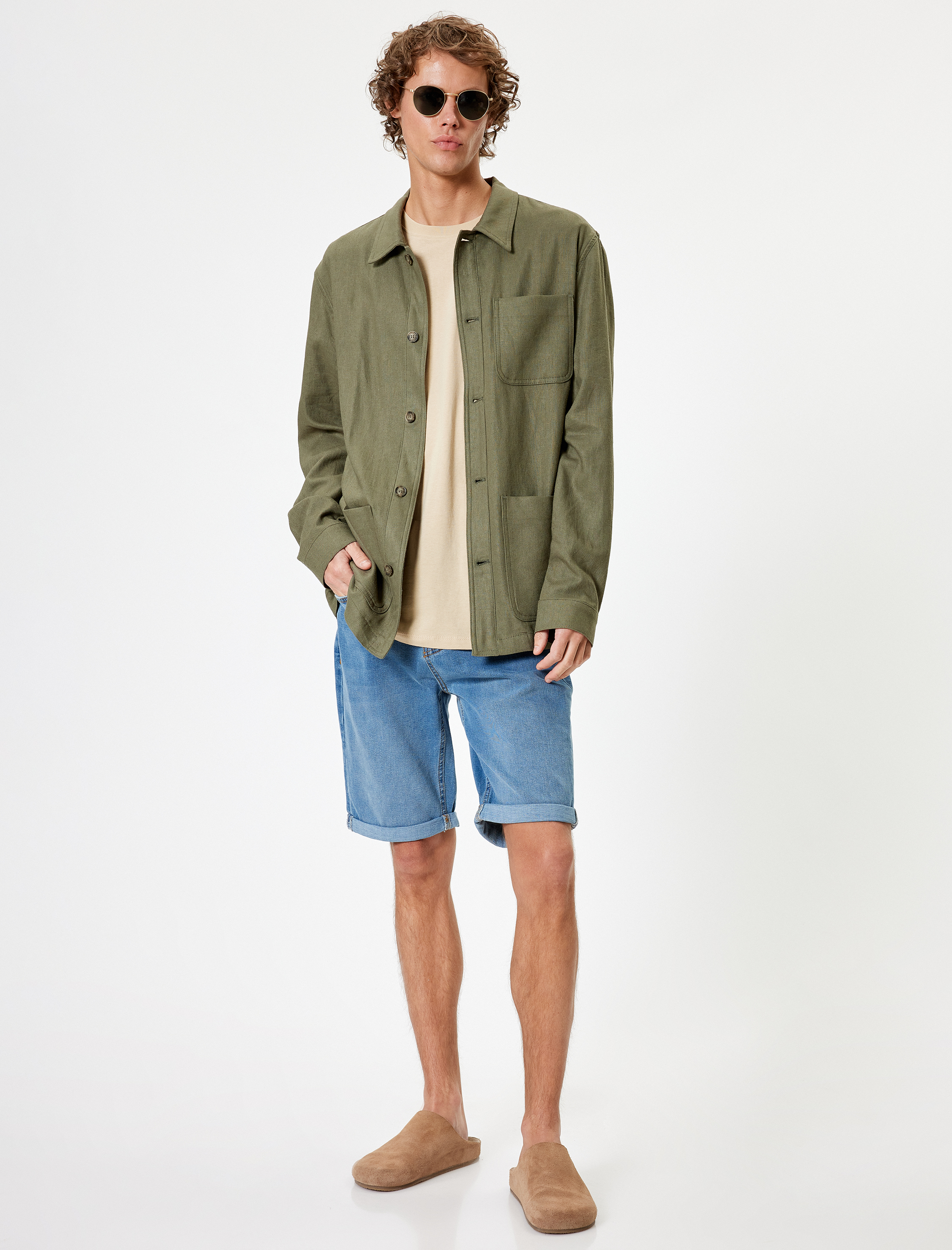   Slim Fit Kot Şort Bermuda Cep Detaylı Pamuklu