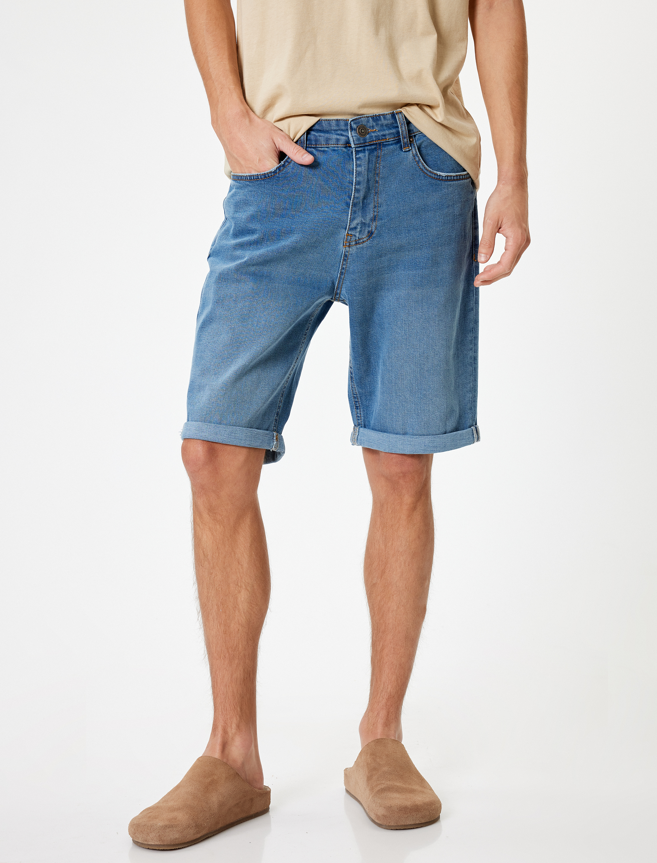   Slim Fit Kot Şort Bermuda Cep Detaylı Pamuklu