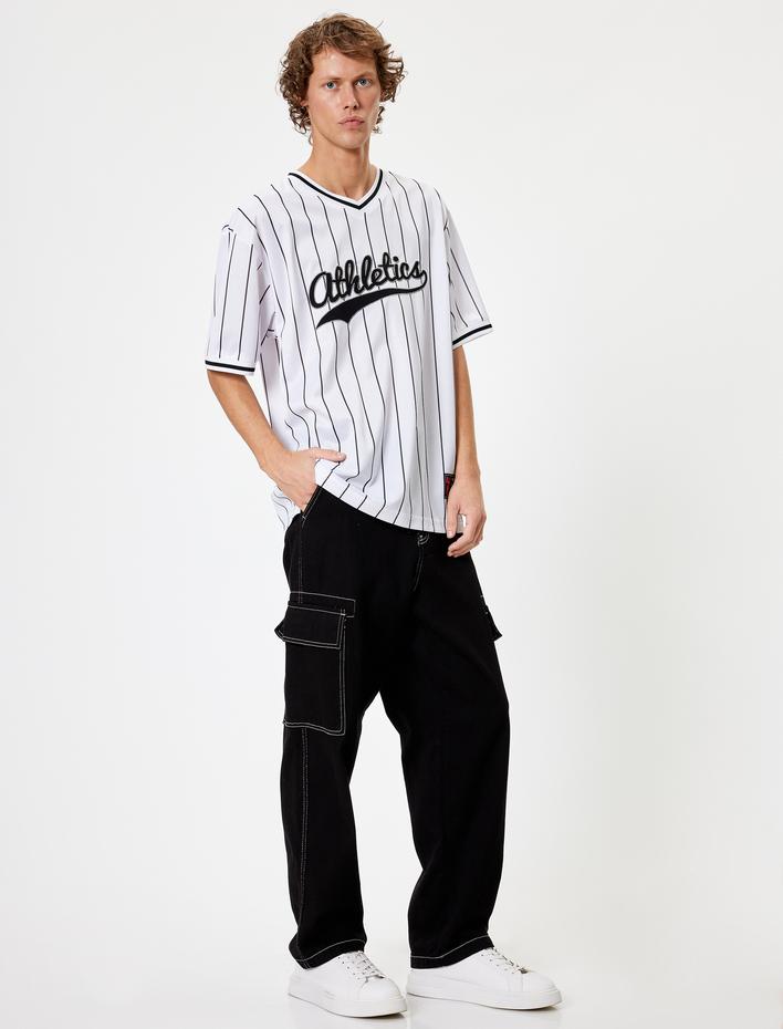  Oversize Tişört Kolej Baskılı Kısa Kollu Bisiklet Yaka