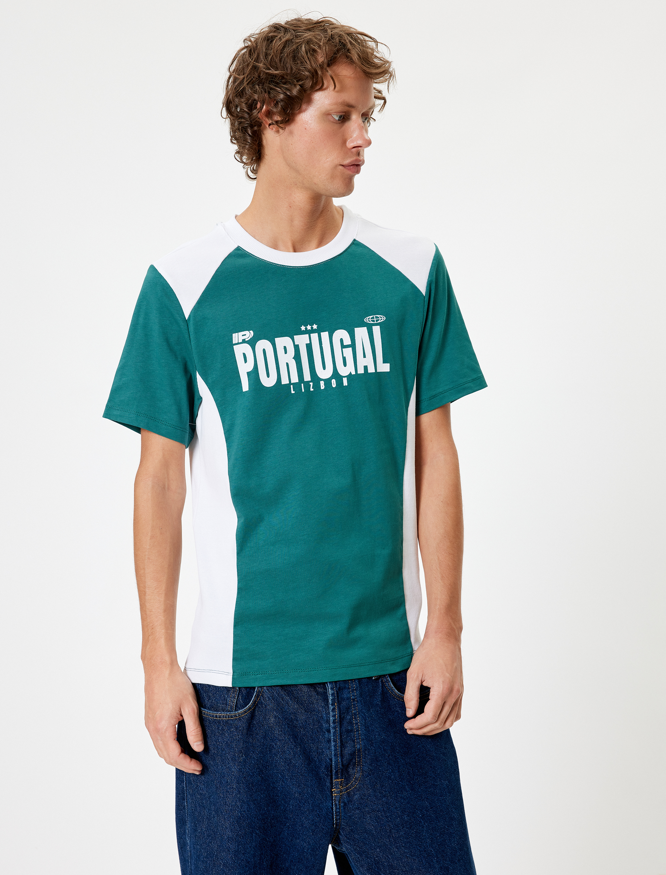   Slim Fit Tişört Kolej Baskılı Kısa Kollu Bisiklet Yaka Pamuklu