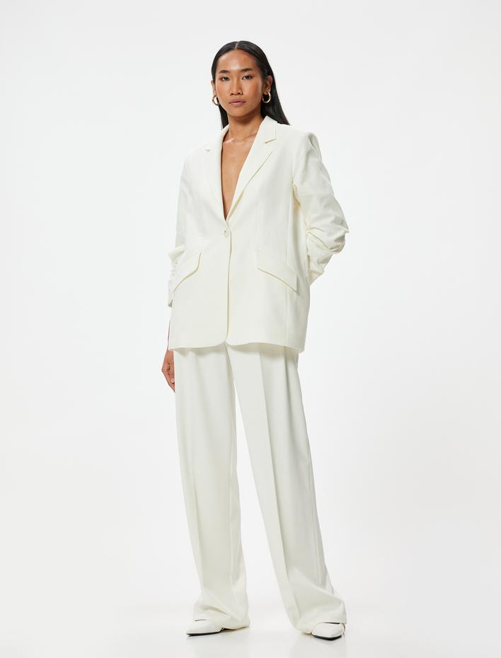  Keten Kruvaze Blazer Ceket Astarlı Kapaklı Cep Detaylı