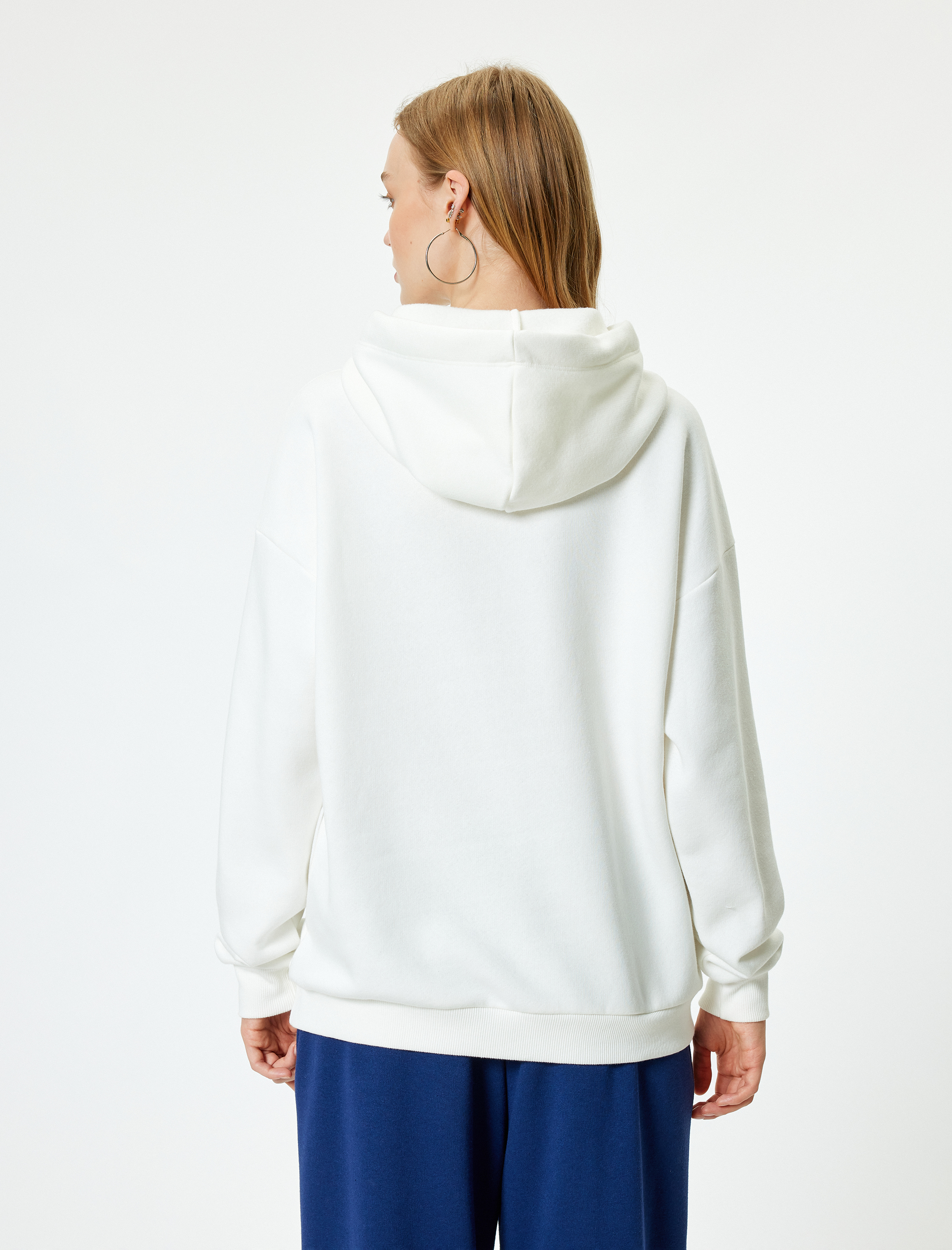   Oversize Kapüşonlu Sweatshirt Kolej İşlemeli Uzun Kollu Şardonlu