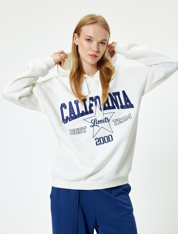 Oversize Kapüşonlu Sweatshirt Kolej İşlemeli Uzun Kollu Şardonlu_0