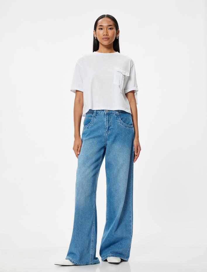  Cep Detaylı Kısa Kollu Tişört Bisiklet Yaka Pamuklu