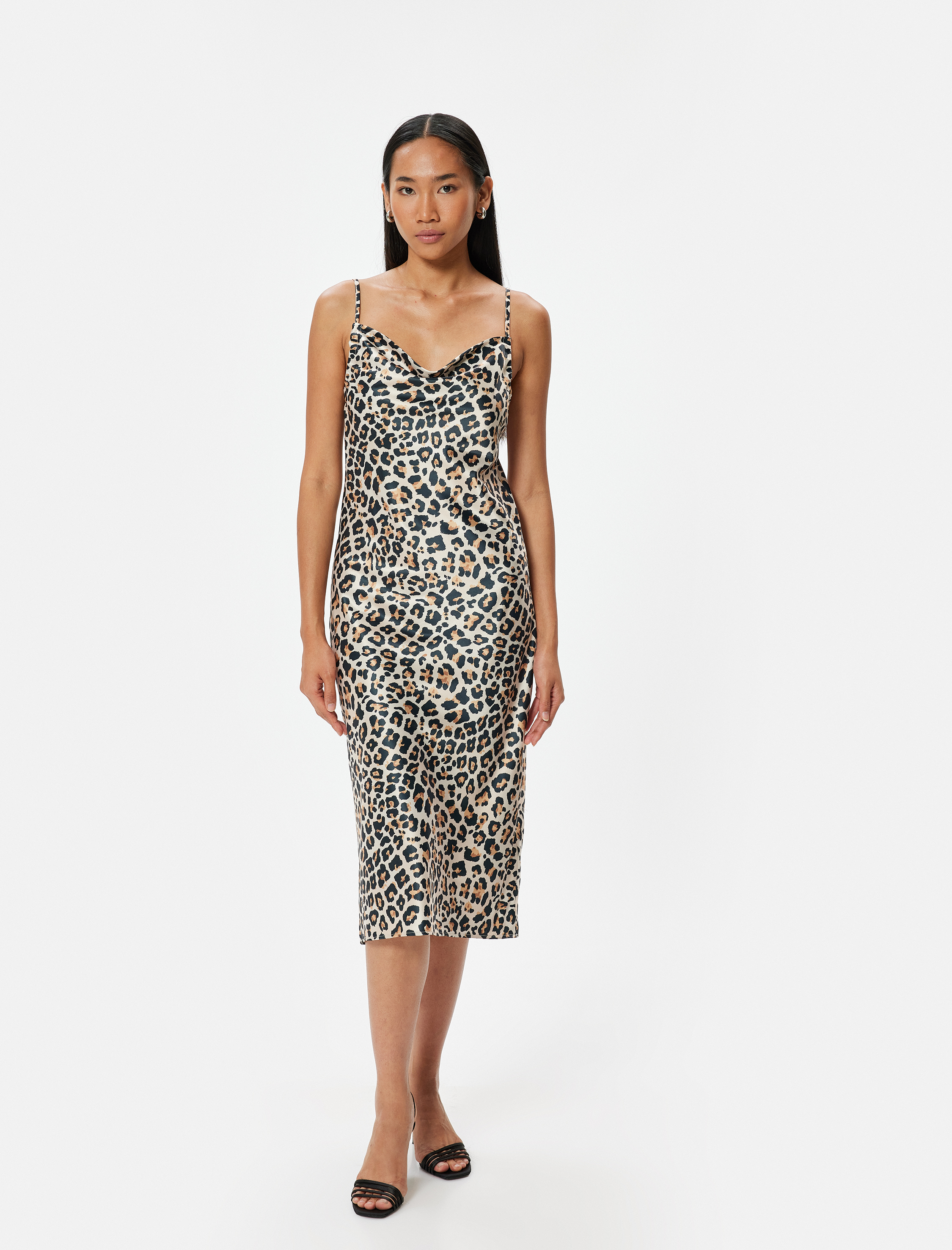   Saten Elbise Midi Leopar Desenli Degaje Yaka İp Askılı