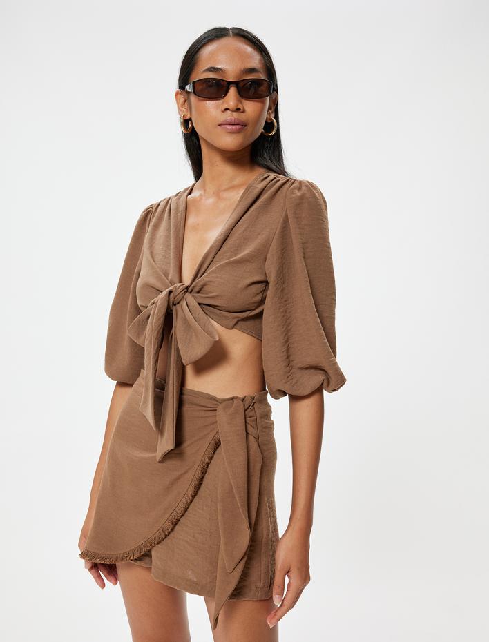  Müslin Kruvaze Mini Şort Etek Bağlama Detaylı Püsküllü