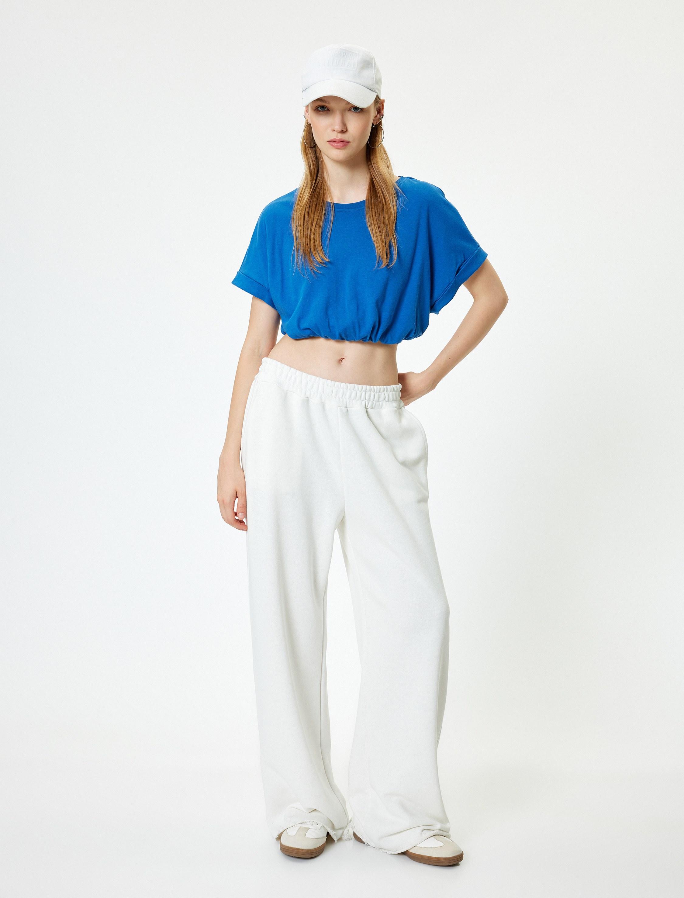   Crop Tişört Etek Ucu Lastikli Kısa Kollu Bisiklet Yaka Pamuklu