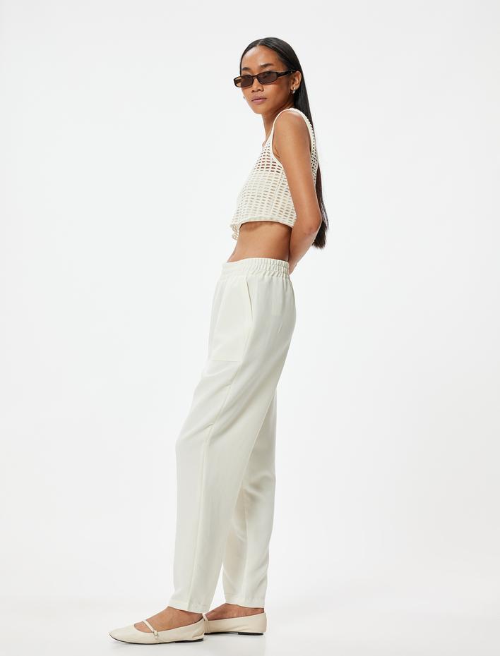  Yüksek Bel Modal Kumaş Pantolon Bol Paça Beli Bağcıklı Cepli