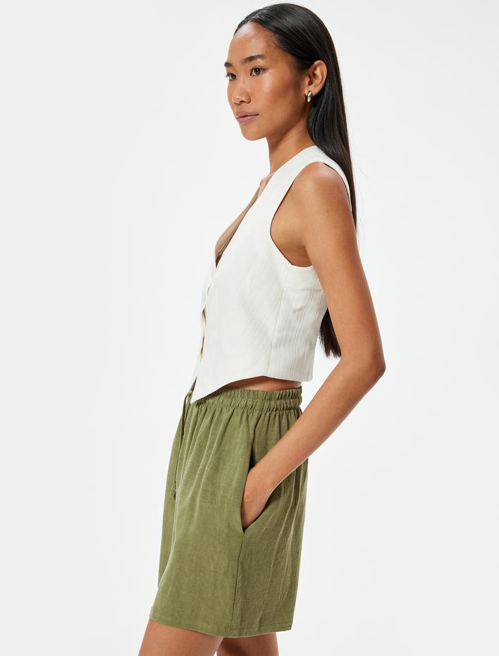  Keten Şort Yüksek Bel Cepli Beli Bağlamalı