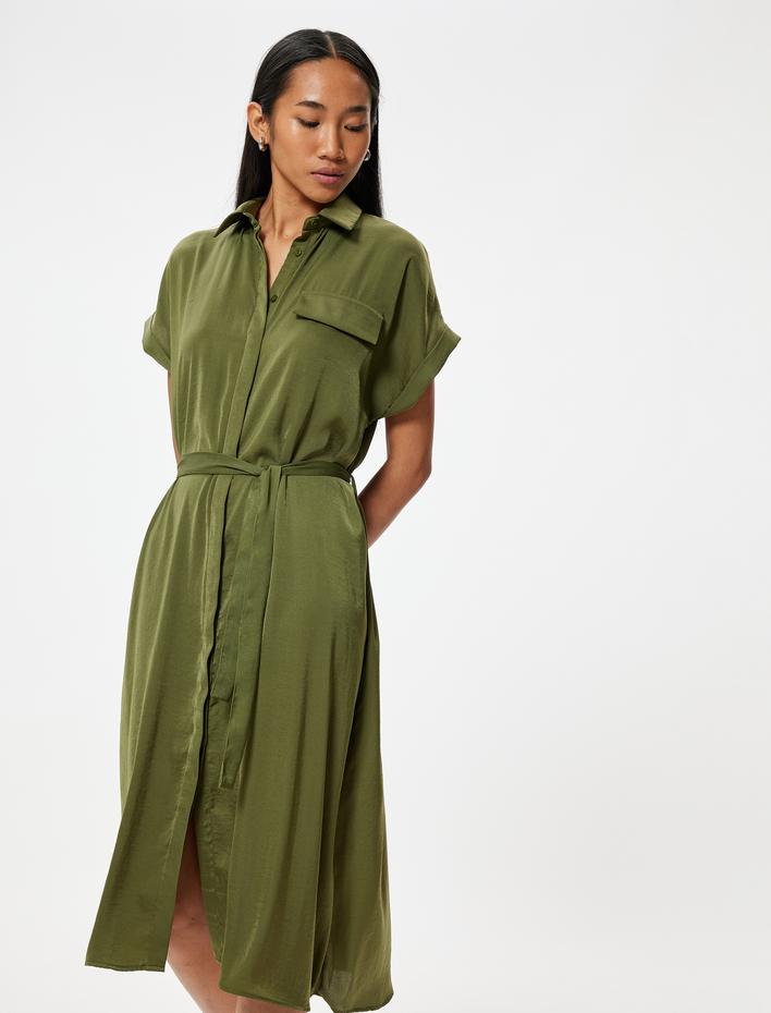  Aerobin Saten Midi Boy Gömlek Elbise Kısa Kollu Kemerli Kloş Etek