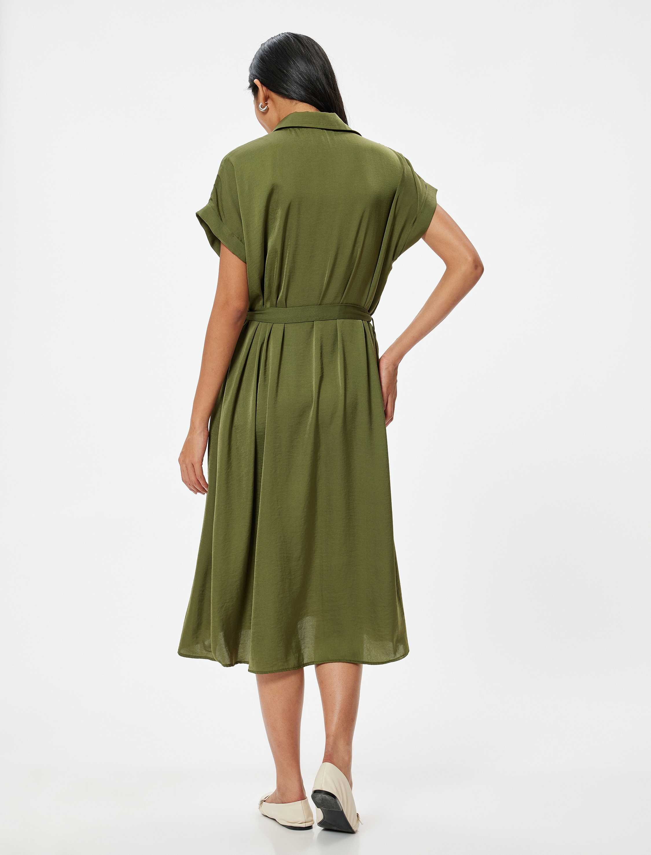   Aerobin Saten Midi Boy Gömlek Elbise Kısa Kollu Kemerli Kloş Etek