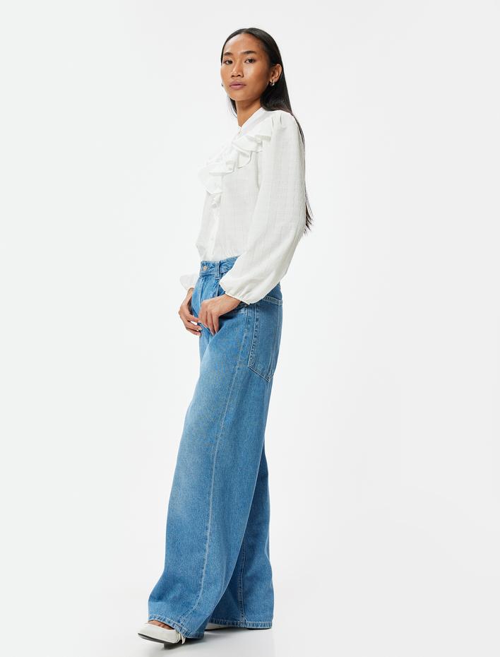  Fırfırlı Dik Yaka Gömlek Dokulu Uzun Kollu Bol Kalıp Manşetleri Lastikli