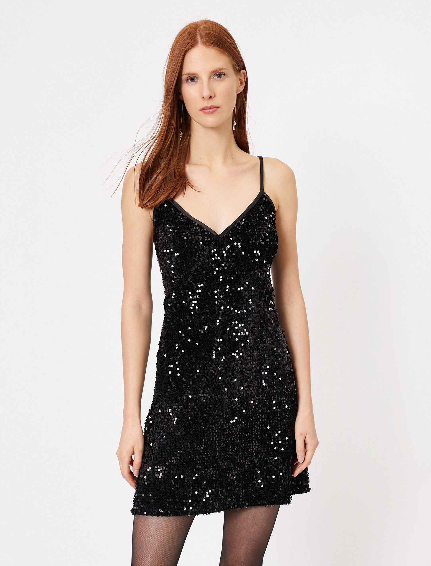   Kadife Abiye Elbise V Yaka Kamisol Mini Payetli