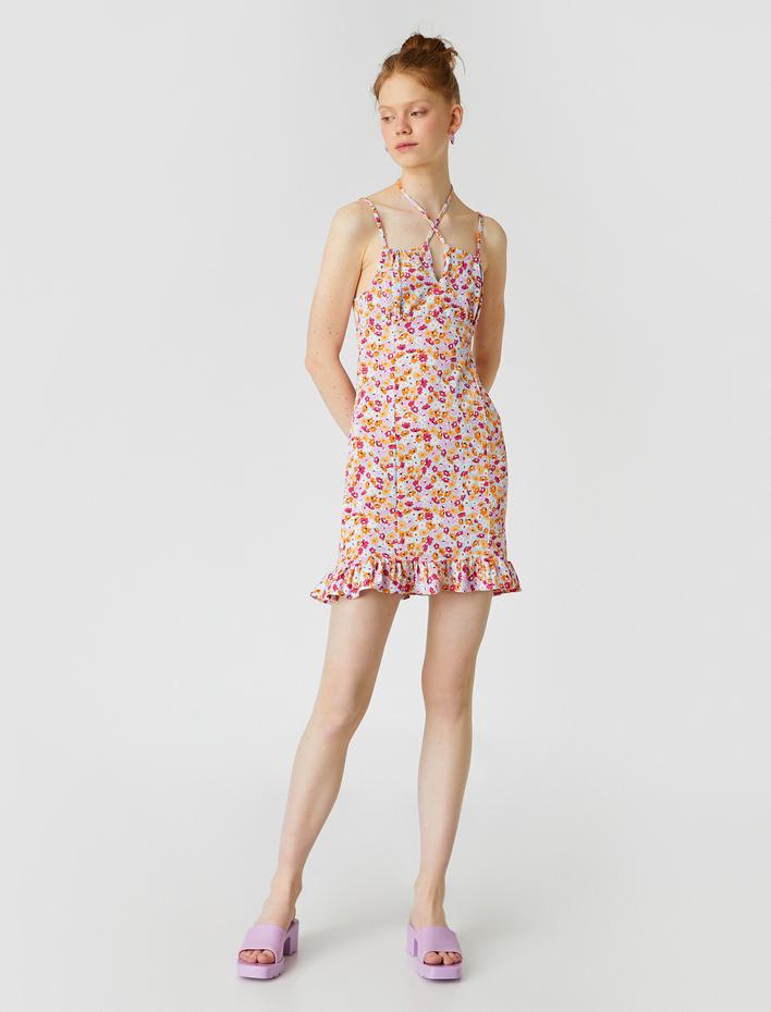  Fırfırlı Mini Elbise Askılı Kalp Yaka