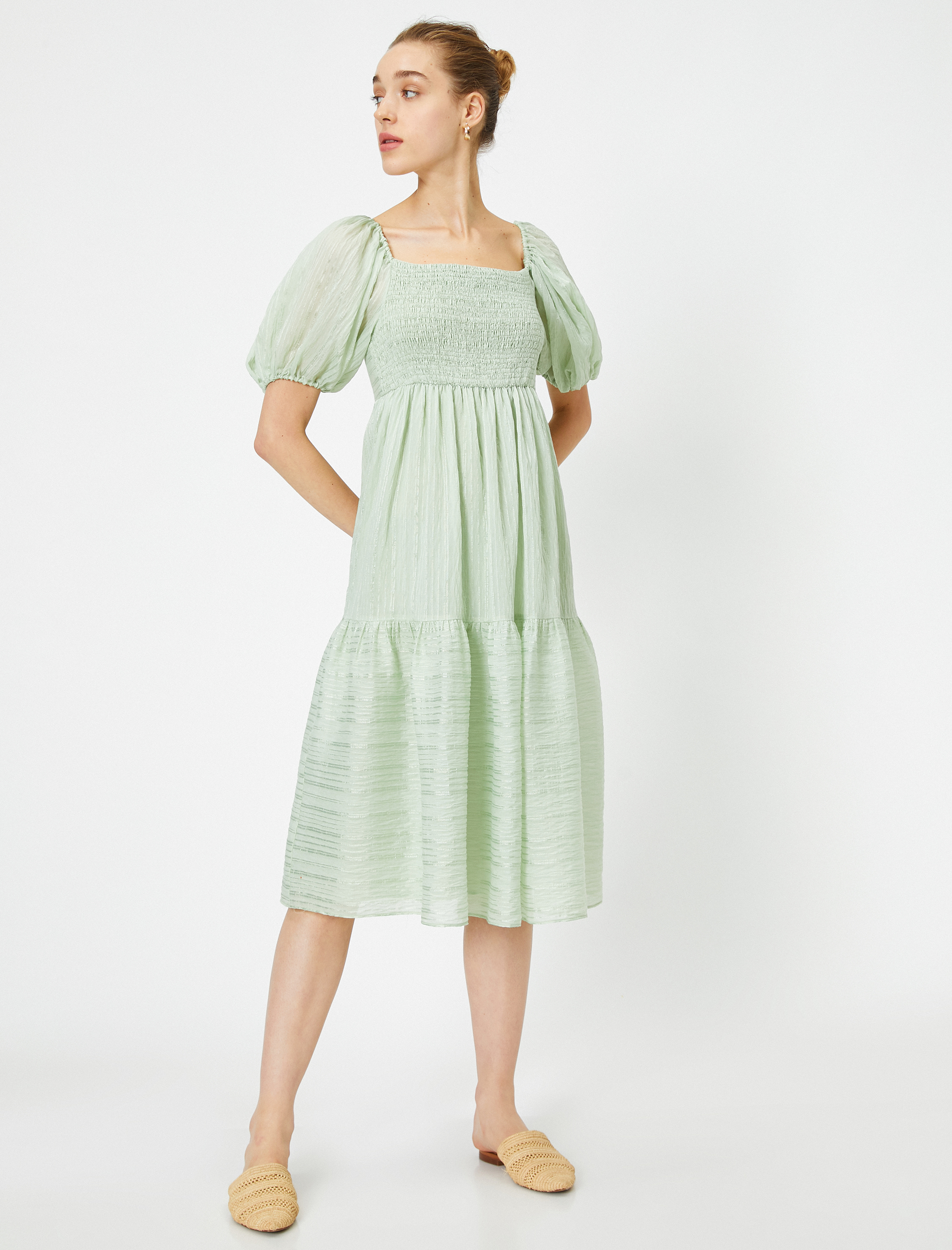   Karpuz Kollu U Yaka Pamuklu Elbise