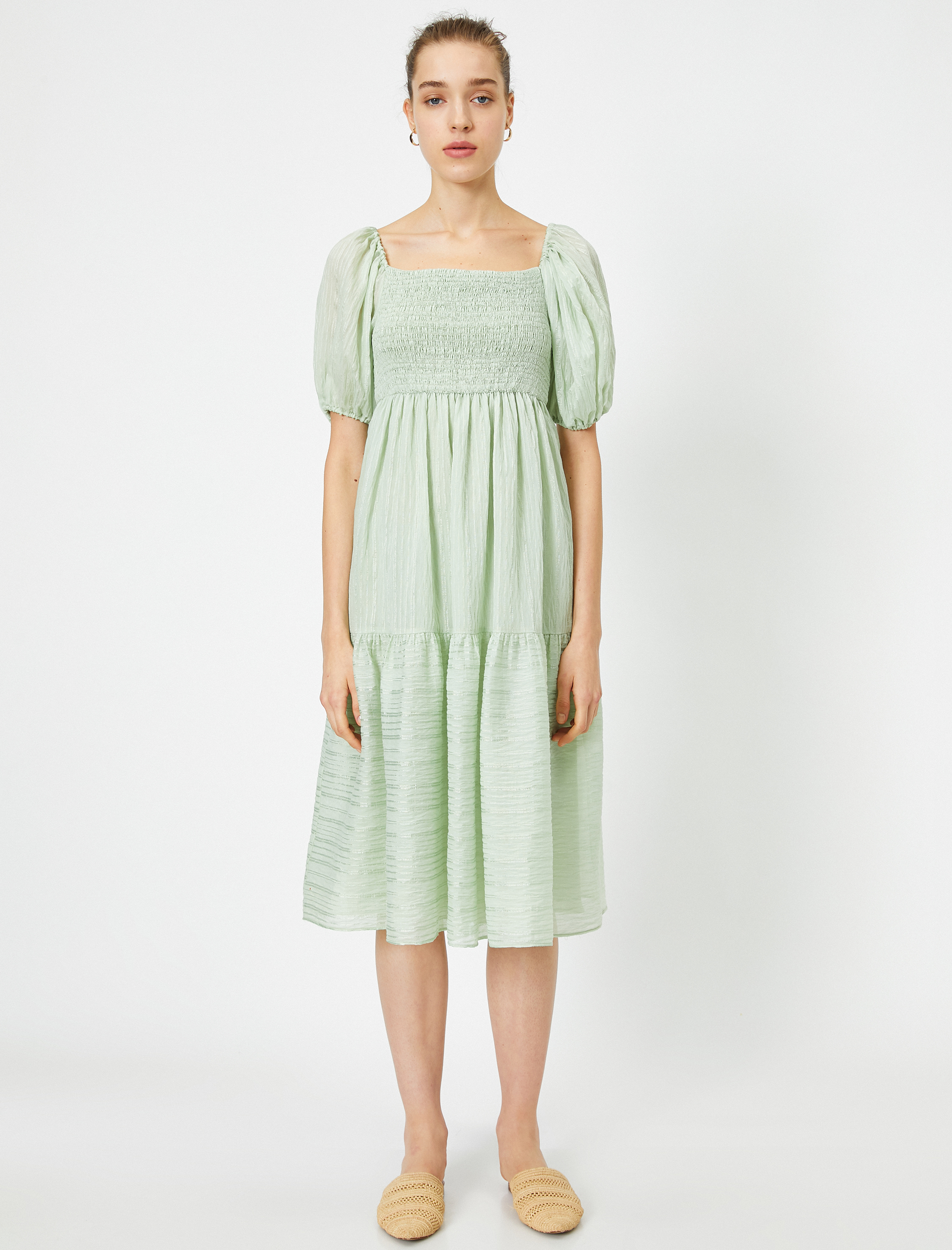   Karpuz Kollu U Yaka Pamuklu Elbise