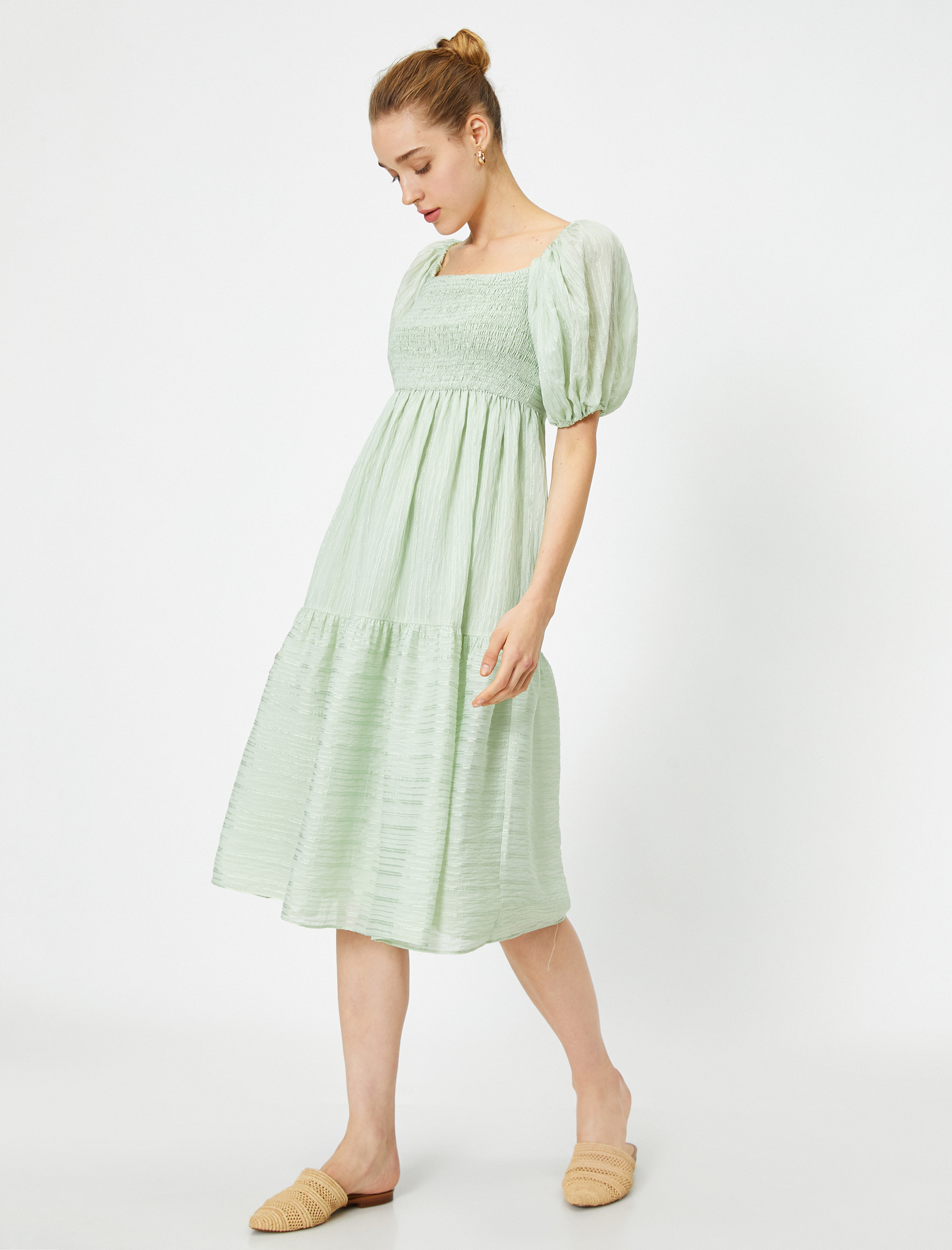   Karpuz Kollu U Yaka Pamuklu Elbise