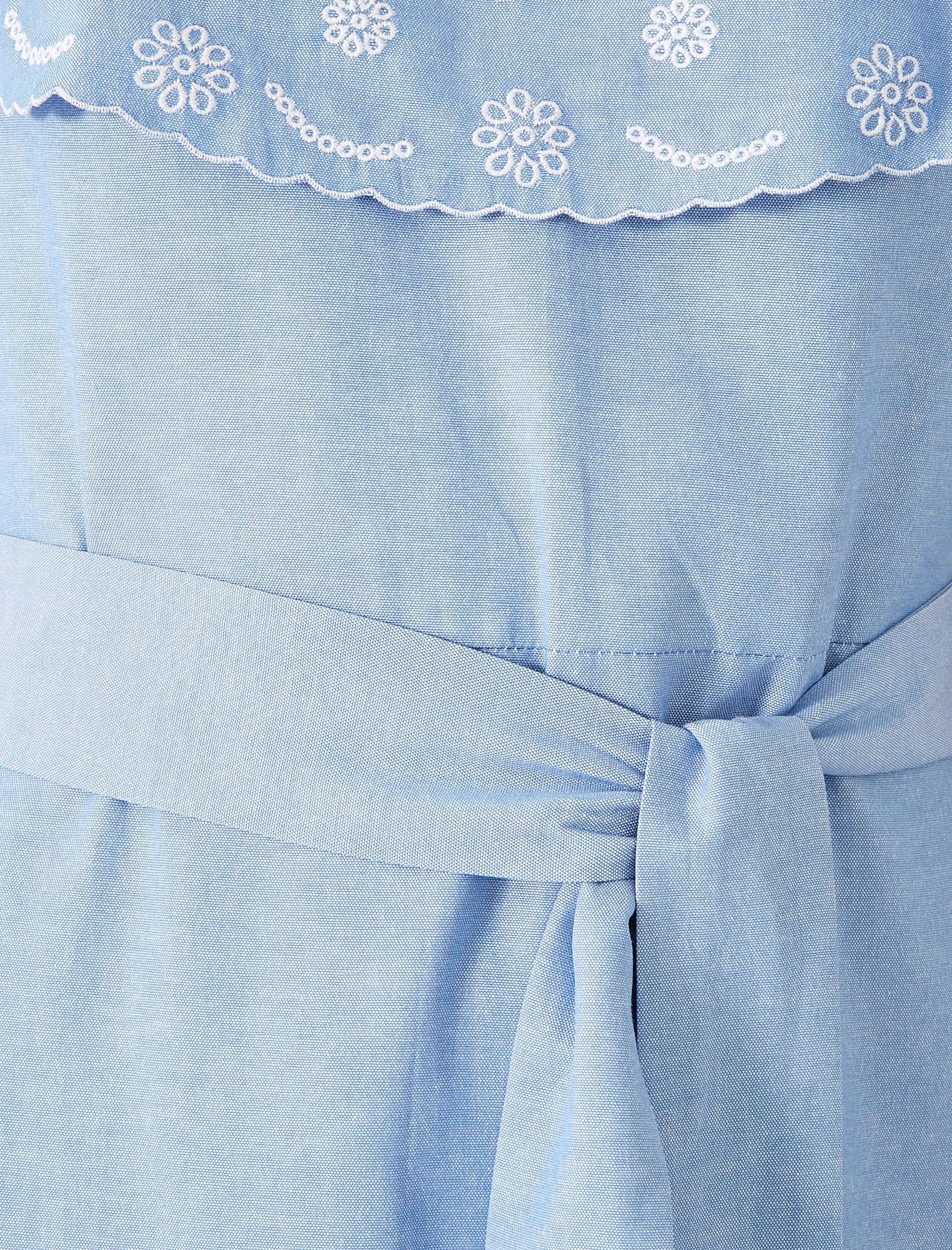 Poplin Elbise Kısa Kollu İşlemeli Kemerli