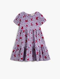 Çiçekli Elbise Midi Fırfırlı Kısa Kollu Bisiklet Yaka