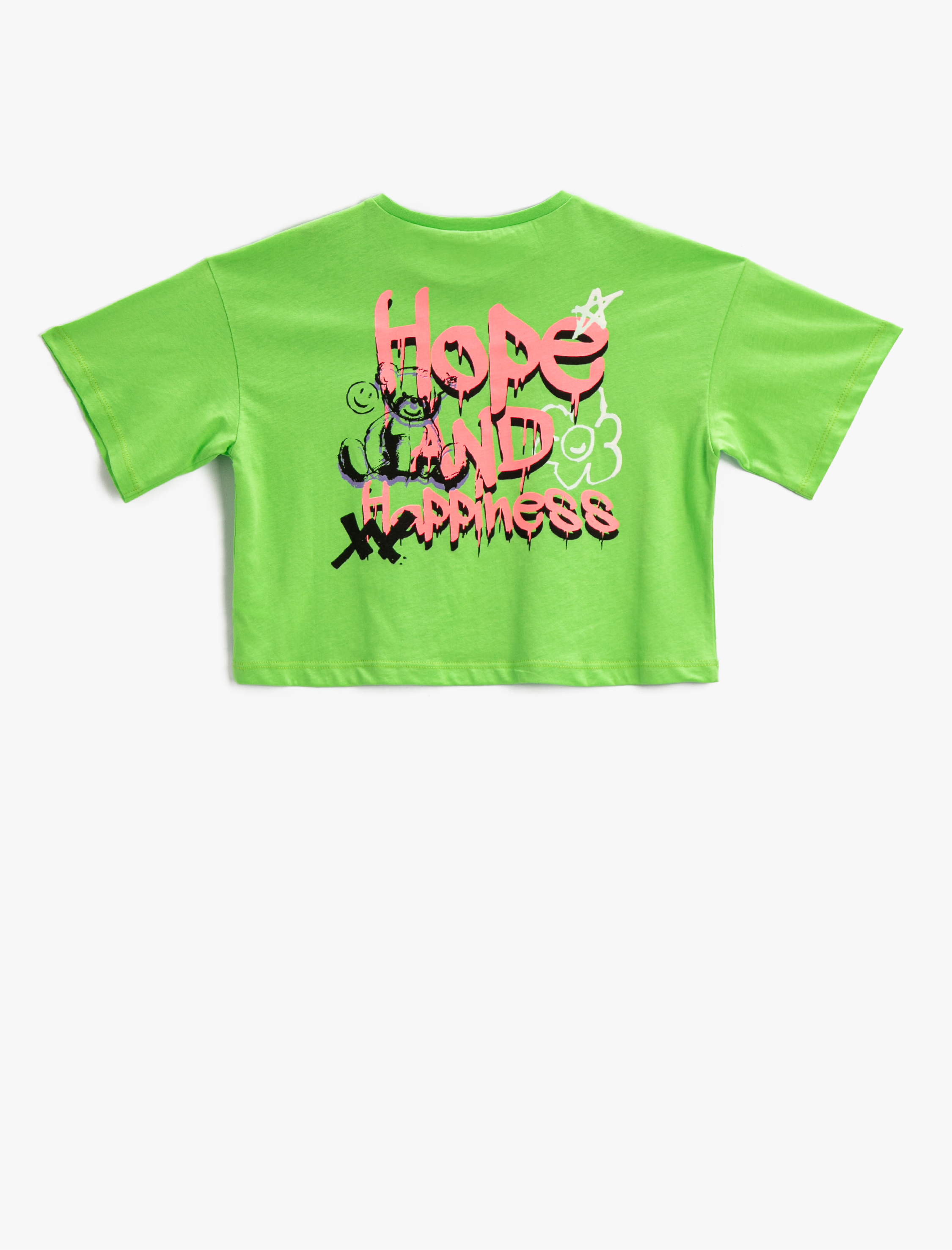  Kız Çocuk Crop Tişört Sırtı Grafiti Baskılı Kısa Kollu Bisiklet Yaka Pamuklu