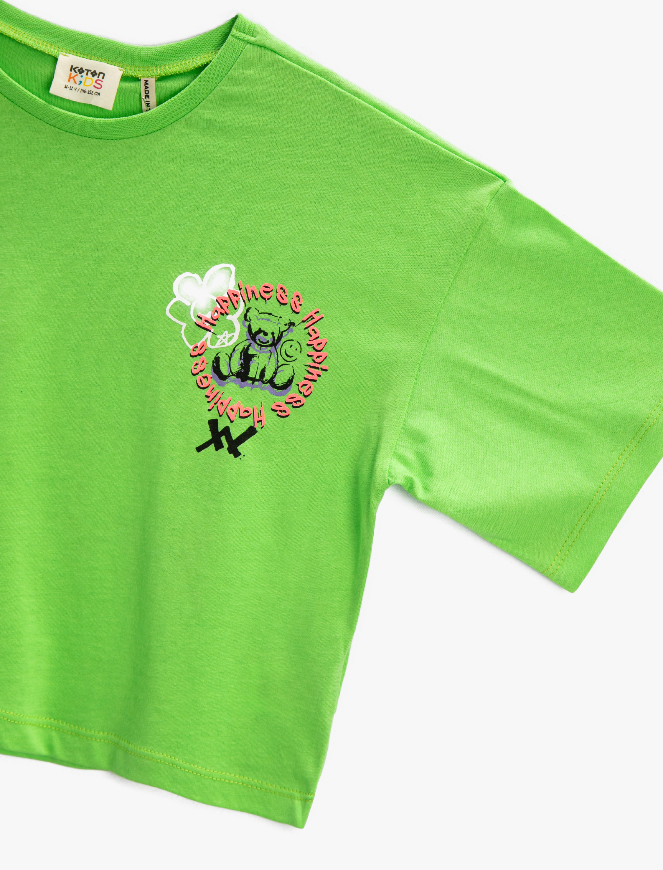  Kız Çocuk Crop Tişört Sırtı Grafiti Baskılı Kısa Kollu Bisiklet Yaka Pamuklu