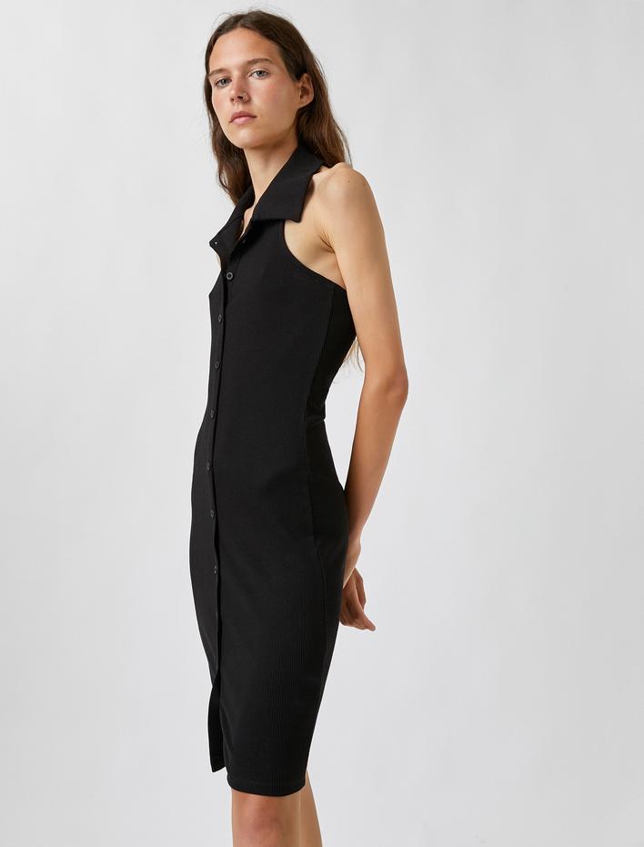  Kolsuz Polo Yaka Düğmeli Elbise