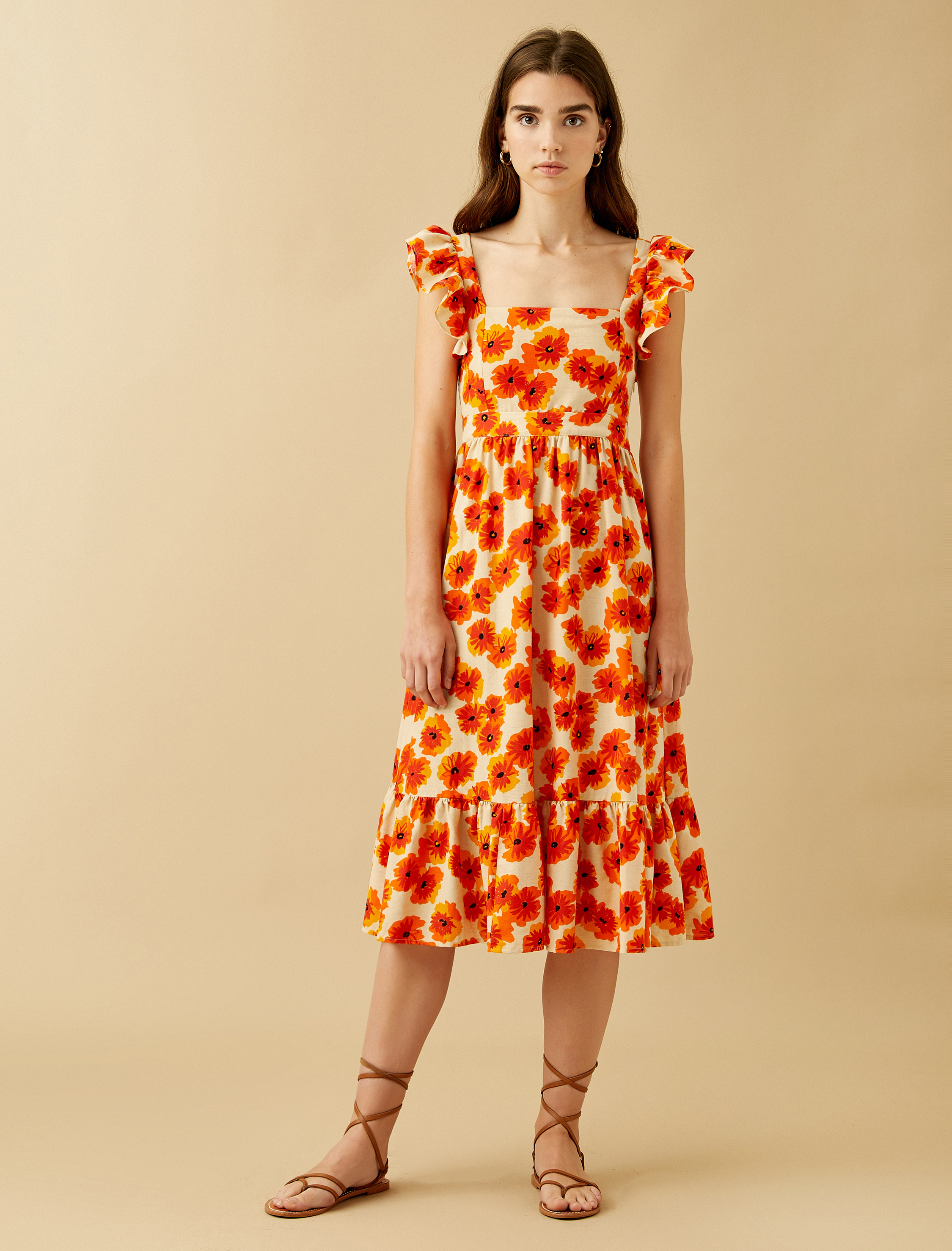   Çiçekli Yazlık Elbise Fırfırlı Pamuklu Keten Karışımlı