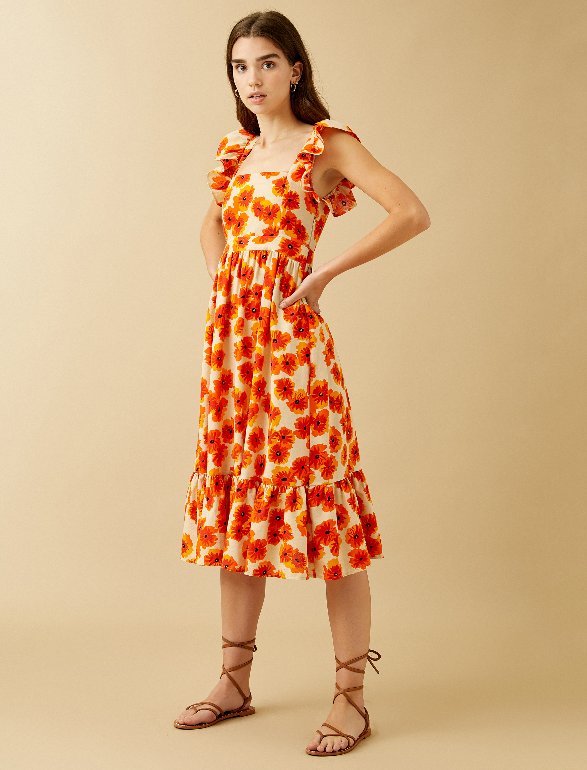   Çiçekli Yazlık Elbise Fırfırlı Pamuklu Keten Karışımlı