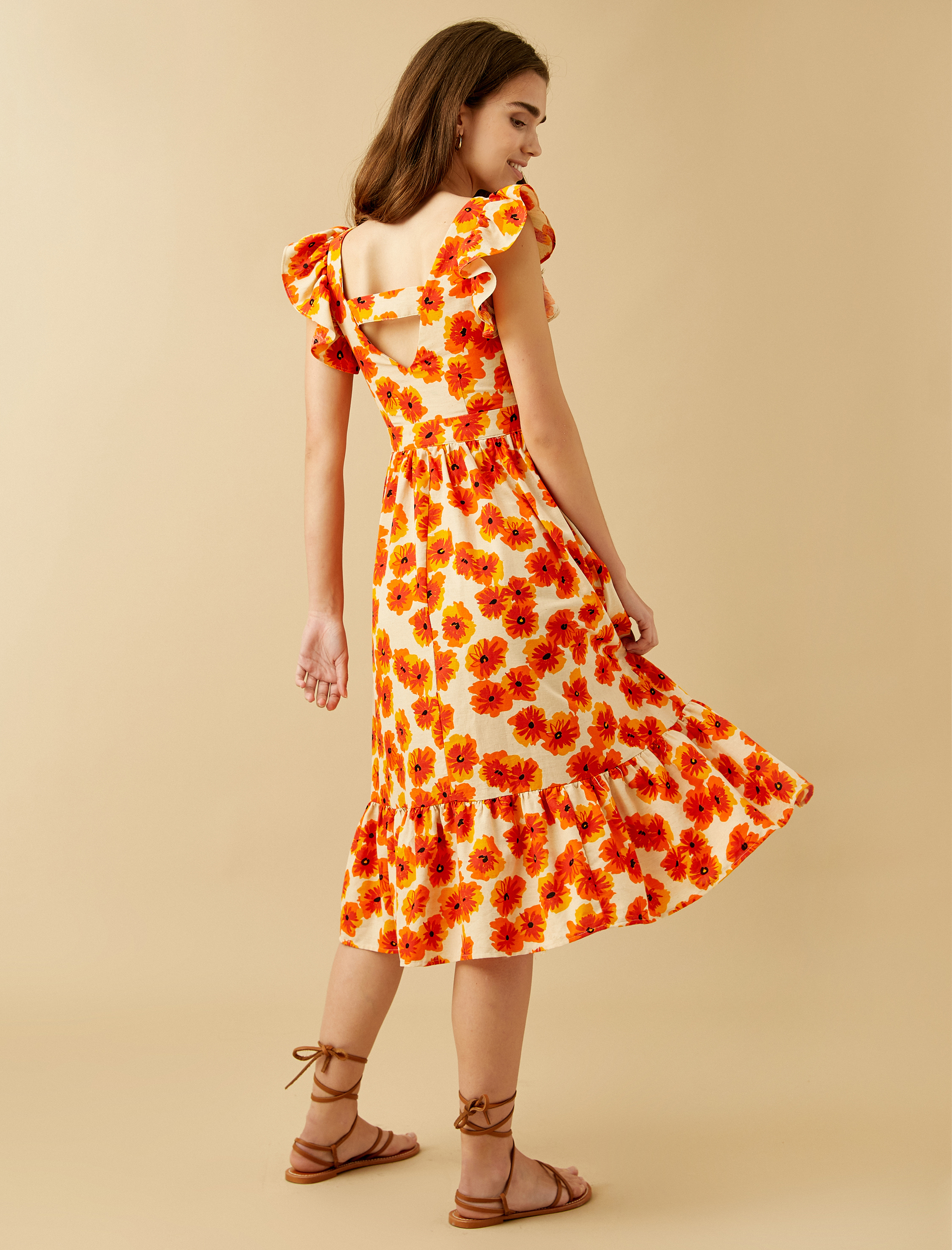   Çiçekli Yazlık Elbise Fırfırlı Pamuklu Keten Karışımlı