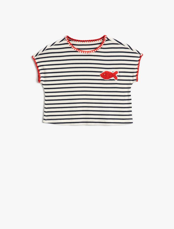 Kız Çocuk Çizgili Crop Tişört Kısa Kollu Bisiklet Yaka