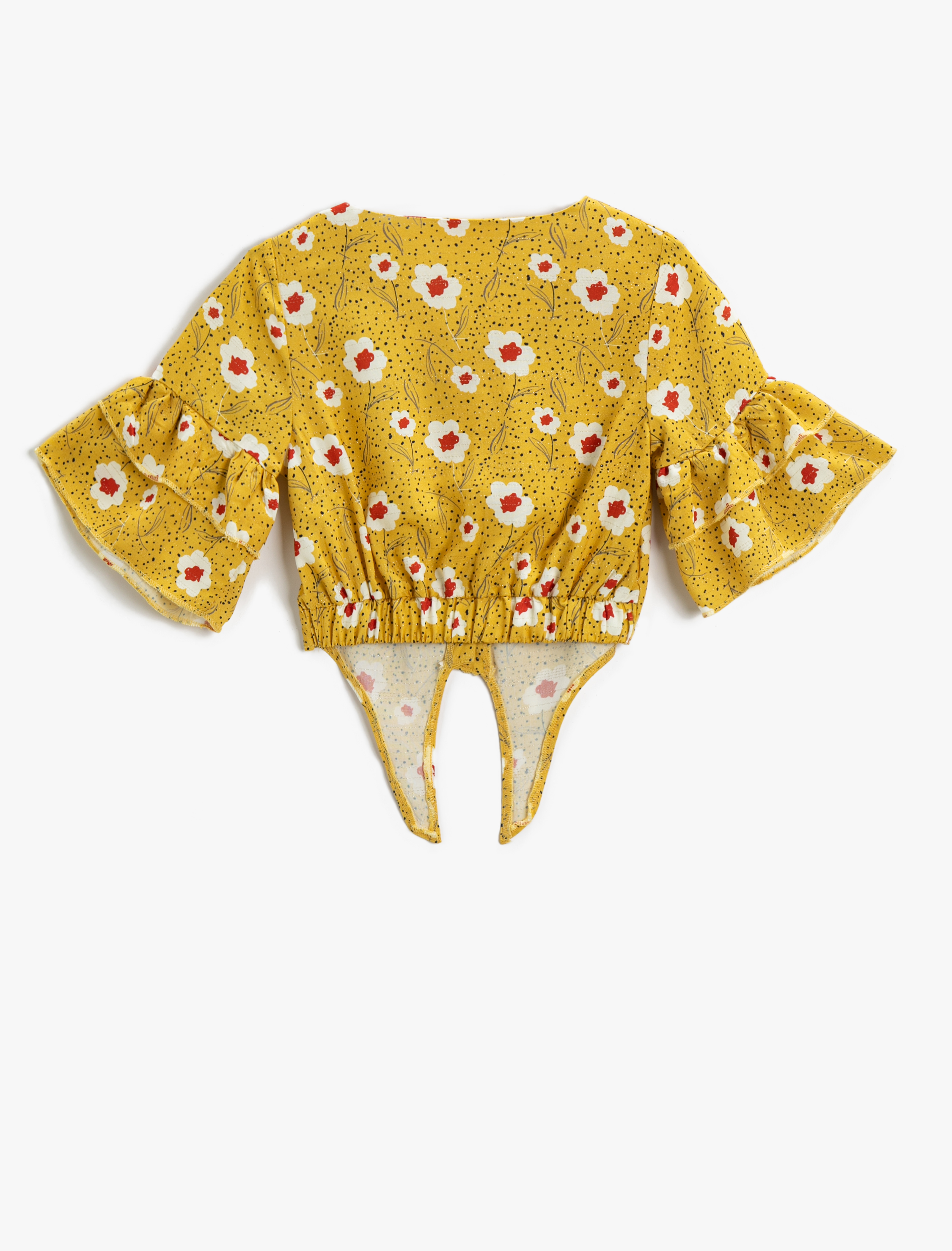 Kız Çocuk Crop Bluz Çiçekli Kısa Kollu Fırfırlı Beli Bağlama Detaylı