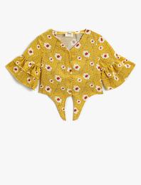 Crop Bluz Çiçekli Kısa Kollu Fırfırlı Beli Bağlama Detaylı