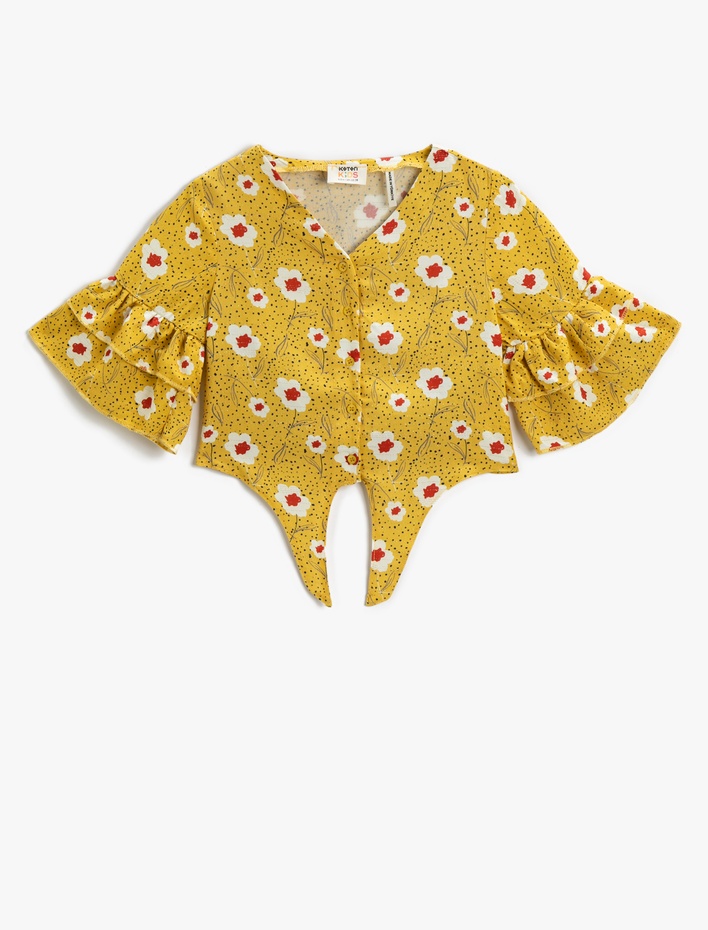 Kız Çocuk Crop Bluz Çiçekli Kısa Kollu Fırfırlı Beli Bağlama Detaylı