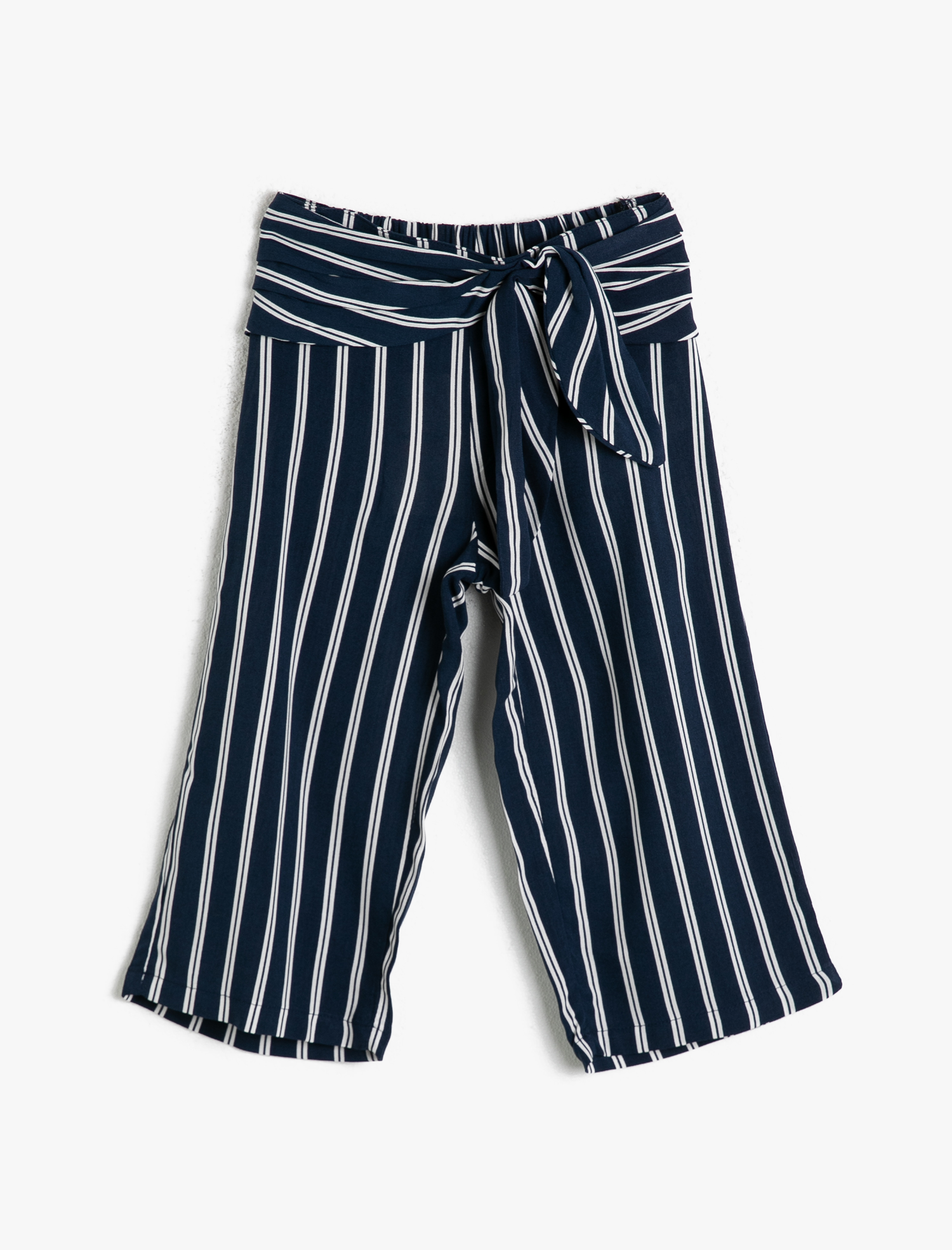  Kız Çocuk Çizgili Beli Lastikli Bağlamalı Bol Kesim Kısa Pantolon