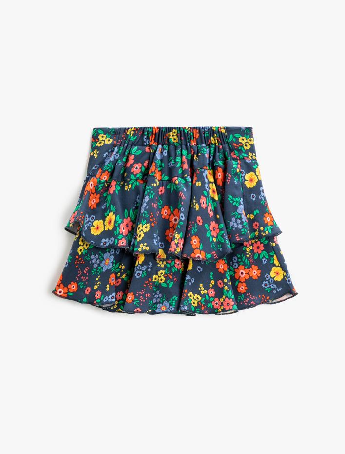 Kız Çocuk Mini Etek Çiçekli Fırfırlı Beli Lastikli