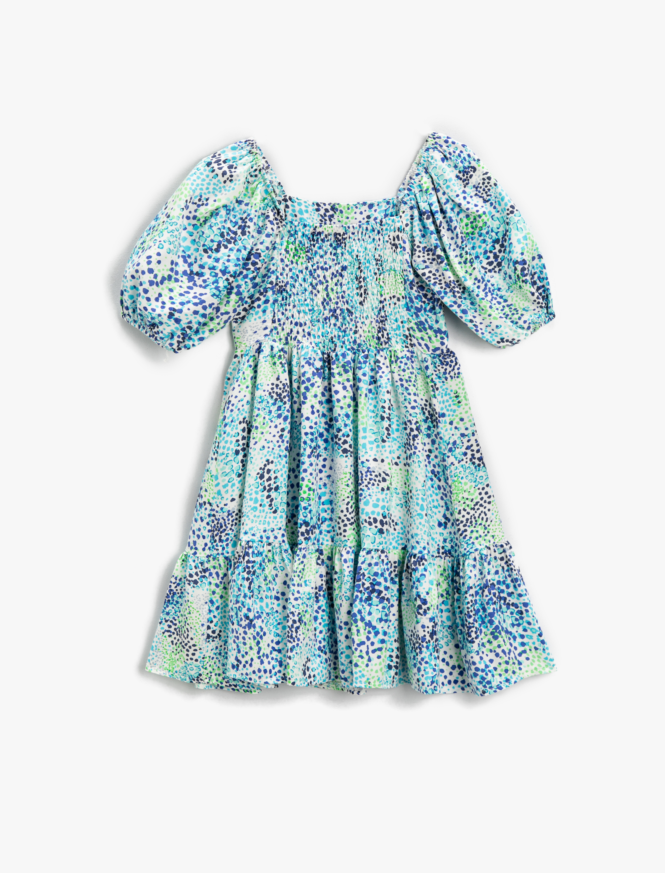  Kız Çocuk Midi Elbise Desenli Balon Kollu Volanlı