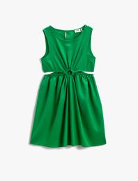 Midi Elbise Pencere Detaylı Kolsuz Keten Karışımlı